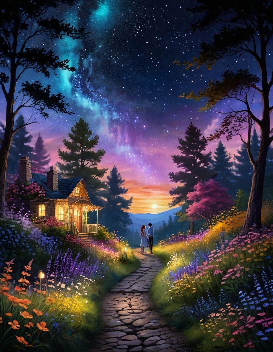 A whimsical landscape showcasing a couple in a passionate embrace under a starlit sky, surrounded by lush, vibrant flowers and glowing fireflies. Their expressions radiate love and desire, symbolizing the journey of romance. A winding path leads into the distance, hinting at adventures yet to come. ethereal, magical atmosphere. vibrant colors. dreamy art style.