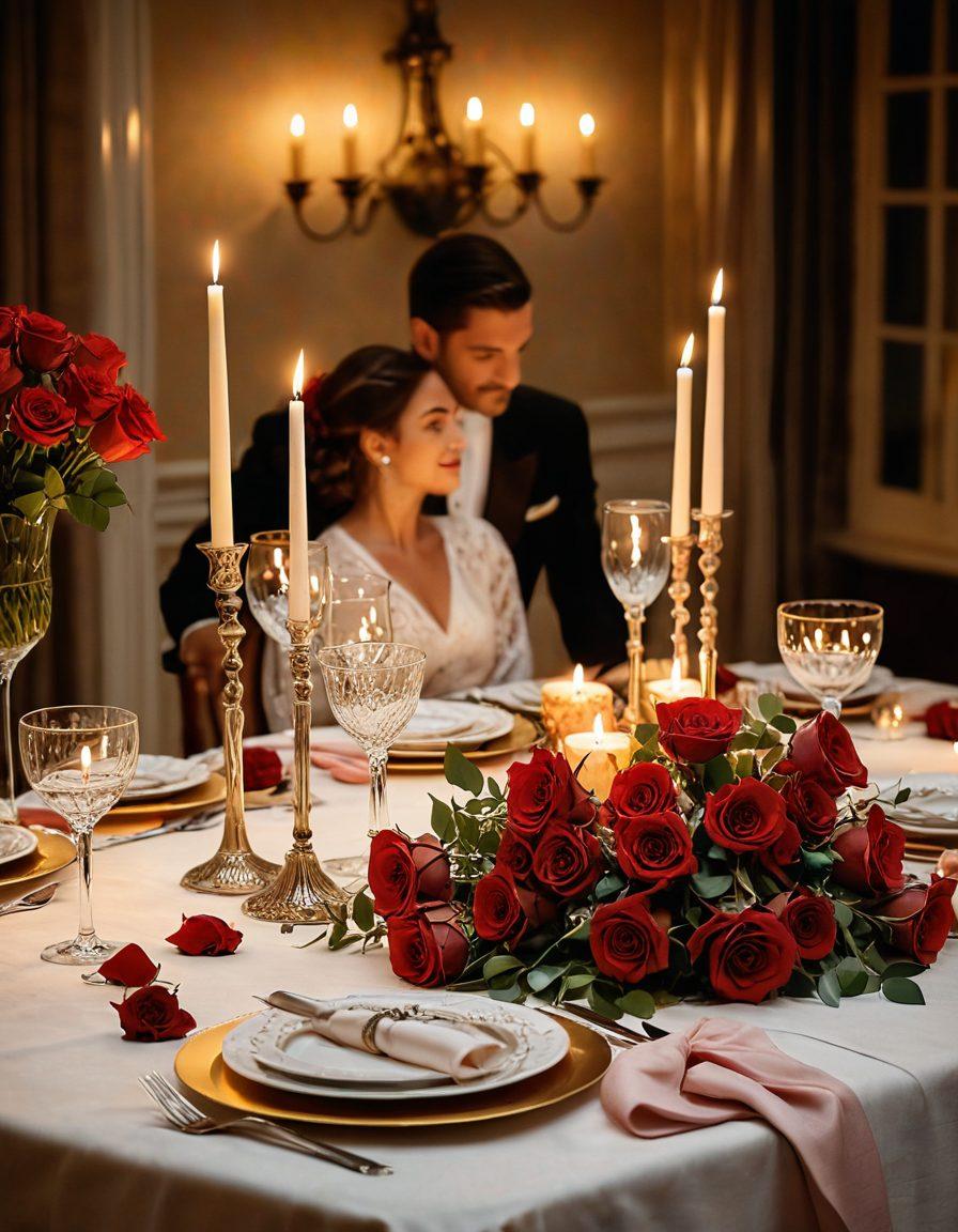 A captivating scene of an elegantly set candlelit dinner table, featuring exquisite dishes, red roses, and soft glowing candles. In the background, a gentle embrace between a couple exudes intense passion and connection, with soft fabrics and rich colors that create a warm ambiance. The atmosphere is infused with a sense of intimacy and desire. surrealistic. vibrant colors. soft focus.